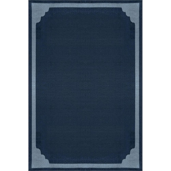 Hera Navy 6 ft. x 9 ft. Rubber Back Washable Corner Bordered Indoor Outdoor Patio Area Rug