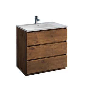 Lazzaro 36 in. Modern Bathroom Vanity in Rosewood with Vanity Top in White with White Basin