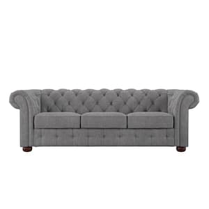 91.5 Rolled Arm Fabric Straight Chesterfield Sofa in Gray Tufted