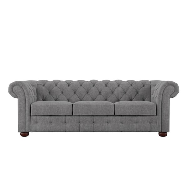 HomeSullivan 91.5 Rolled Arm Fabric Straight Chesterfield Sofa in Gray Tufted