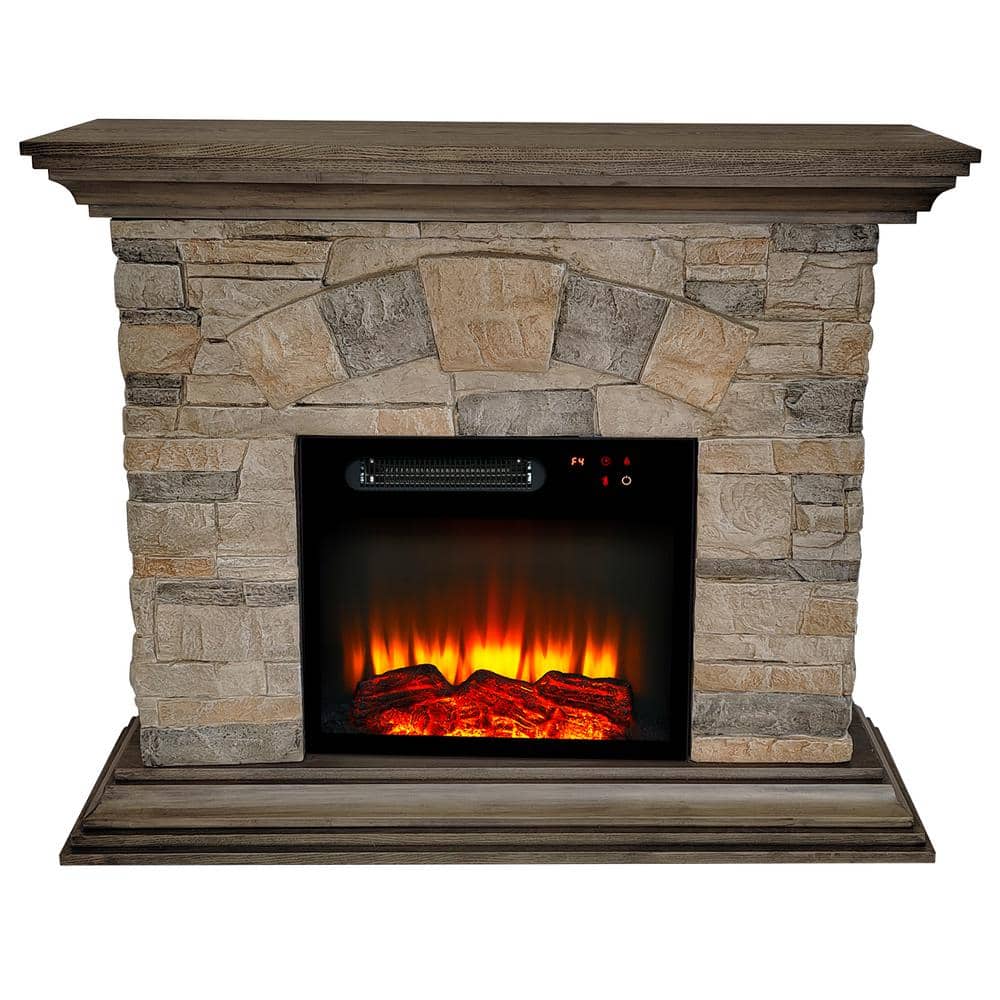 40" Bisque and Muddy Freestanding Electric Fireplace with Stone-Brick Mantel