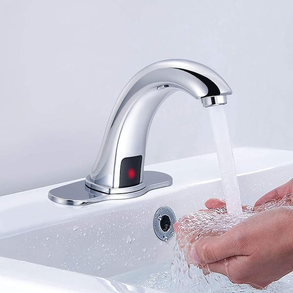 Unbranded Without Handle Automatic Sensor Touchless Bathroom Sink Faucet with Deck Plate in Chrome, Chrome Vanity Faucets