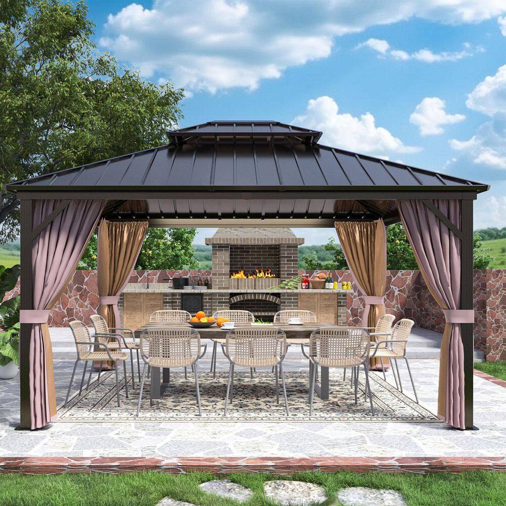 14 ft. x 12 ft. Brown Outdoor Gazebo with Mosquito Netting, Double Galvanized Steel Roof, Ceiling Hook price history on PriceWatchPro
