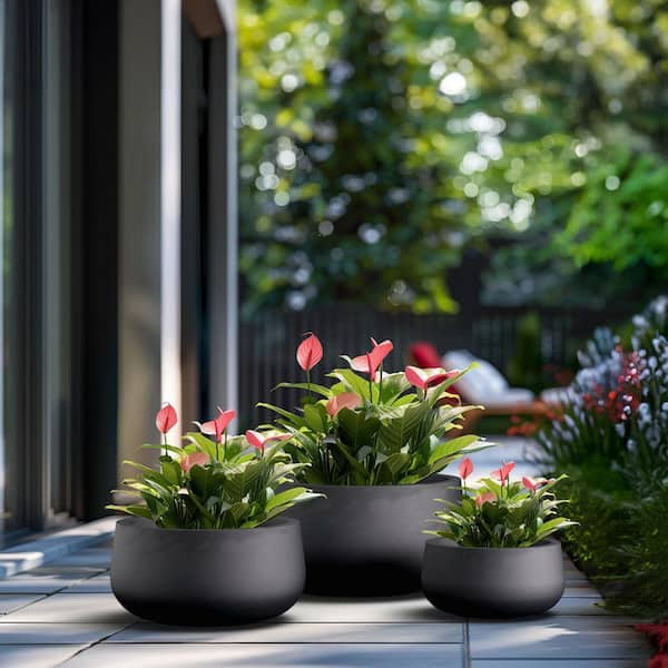 11.4, 15, 19 in. Dia Charcoal Black Large Tall Round Concrete Planter/Garden Plant Pot for Indoor and Outdoor(Set of 3)