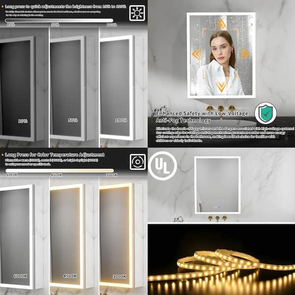 24 in. W x 30 in. H Rectangular Silver Aluminum Recessed/Surface Mount Left Hinge Dimmable Medicine Cabinet with Mirror