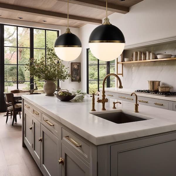 Vorey 100-Watt 1-Light Black and Oxidized Aged Brass Shaded Pendant Light with Etched Opal Glass Shade No Bulbs Included