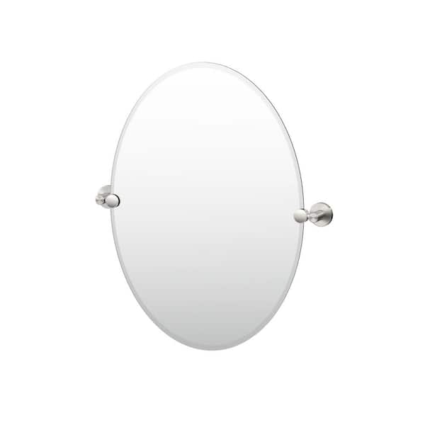 Gatco Reveal 23.38 in. W x 26.5 in. H Small Oval Frameless Beveled Wall Bathroom Vanity Mirror in Satin Nickel