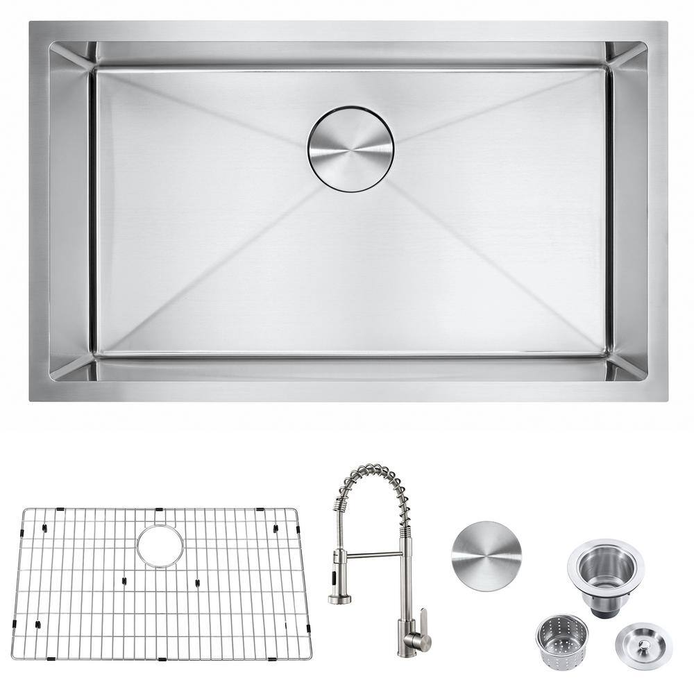 32 in. Undermount Single Bowl 18 Gauge Stainless Steel Kitchen Sink with Fa