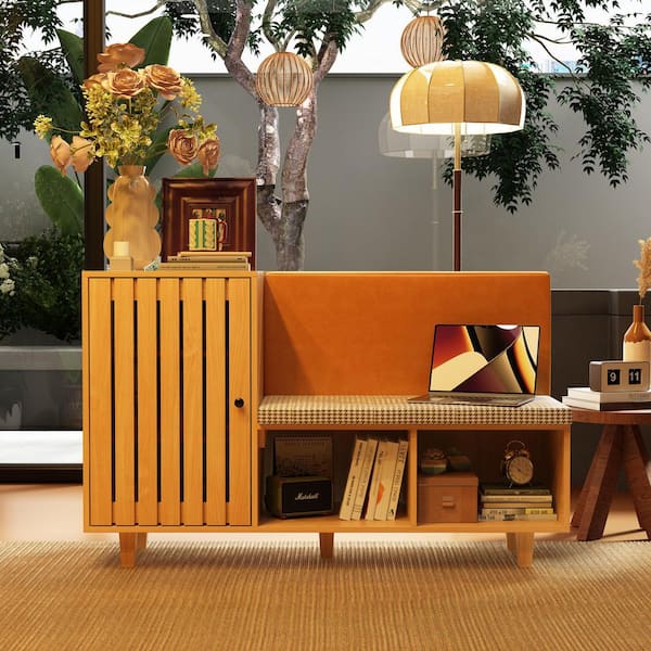 FUFU&GAGA 29.3 in. H x 47.2 in. W. Yellow Wood Grain Wooden Shoe Storage Cabinet, Shoe Storage Bench with 5 Shelves & Seat