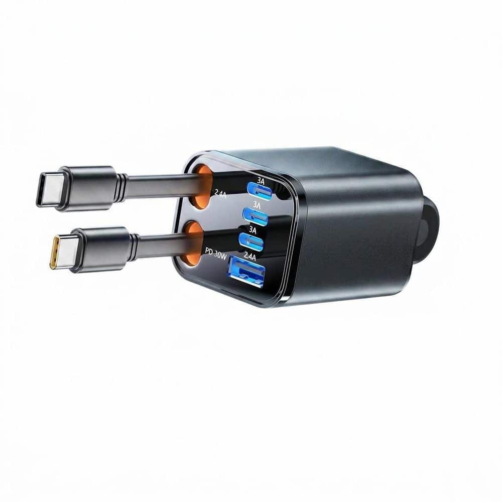 99W 6-in-1 Retractable Car Charger Adapter in Black with Dual Type C Cables and 4 USB Ports Fast Charging price history on PriceWatchPro