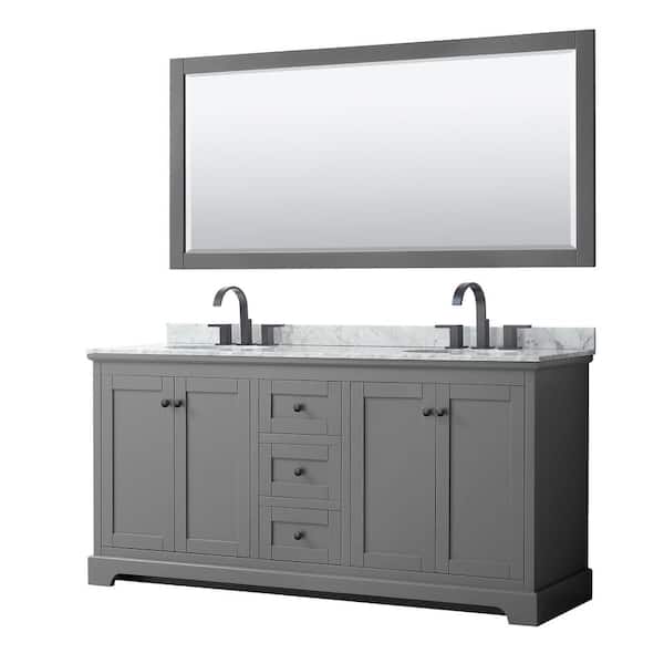 Wyndham Collection Avery 72 in. W x 22 in. D x 35 in. H Double Bath Vanity in Dark Gray with White Carrara Marble Top and 70 in. Mirror