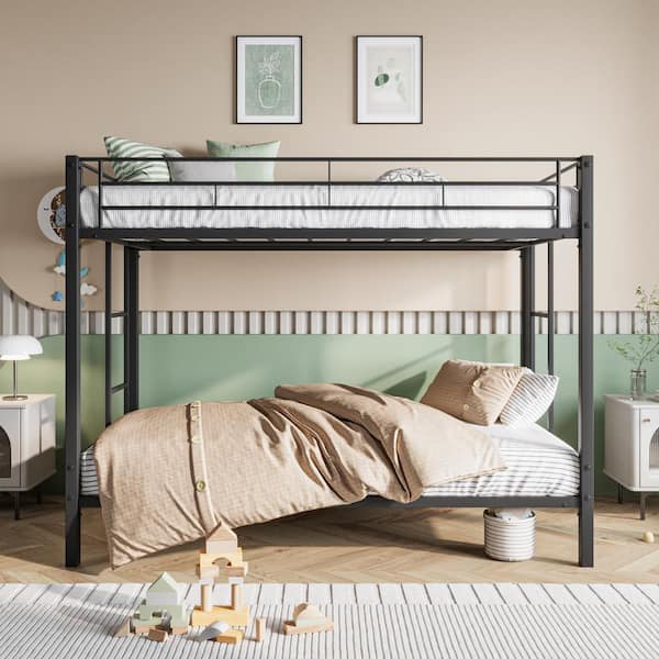 Metal Bunk Bed Twin Over Twin Heavy Duty with Shelf, Slatted Support and Side Ladder for Kids Adults, Black