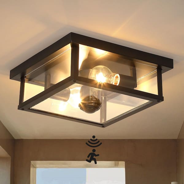 12.2 in. 2-Light Matte Black Motion Sensing Outdoor No Bulb Included Flush Mount Ceiling Light with Clear Glass