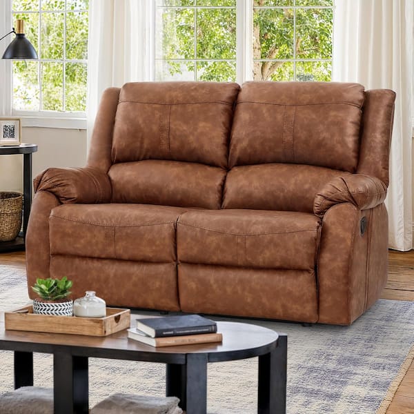 Jackson 59 in. W Rolled Arm Leather Upholstered 2-Seater Push Back Rectangle Recliner Loveseat in Saddle Brown