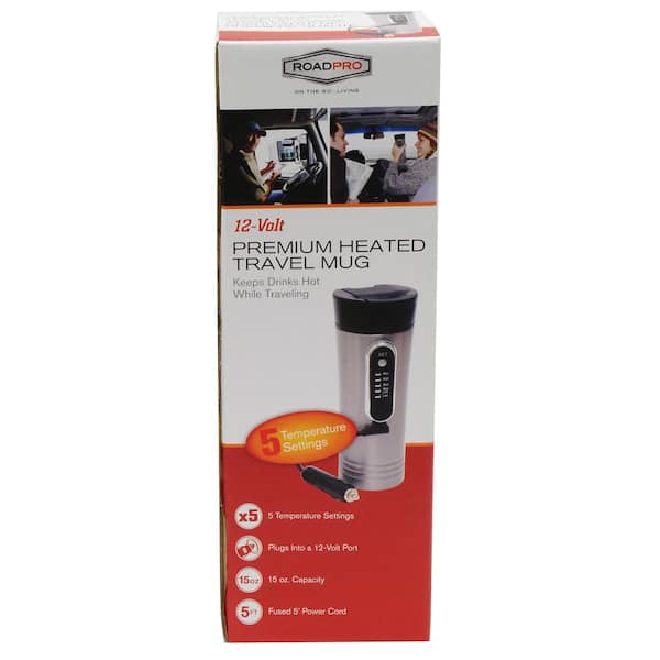  RoadPro RP0719 12-Volt 15oz. Premium Heated Travel Mug, Silver,  Black : Home & Kitchen