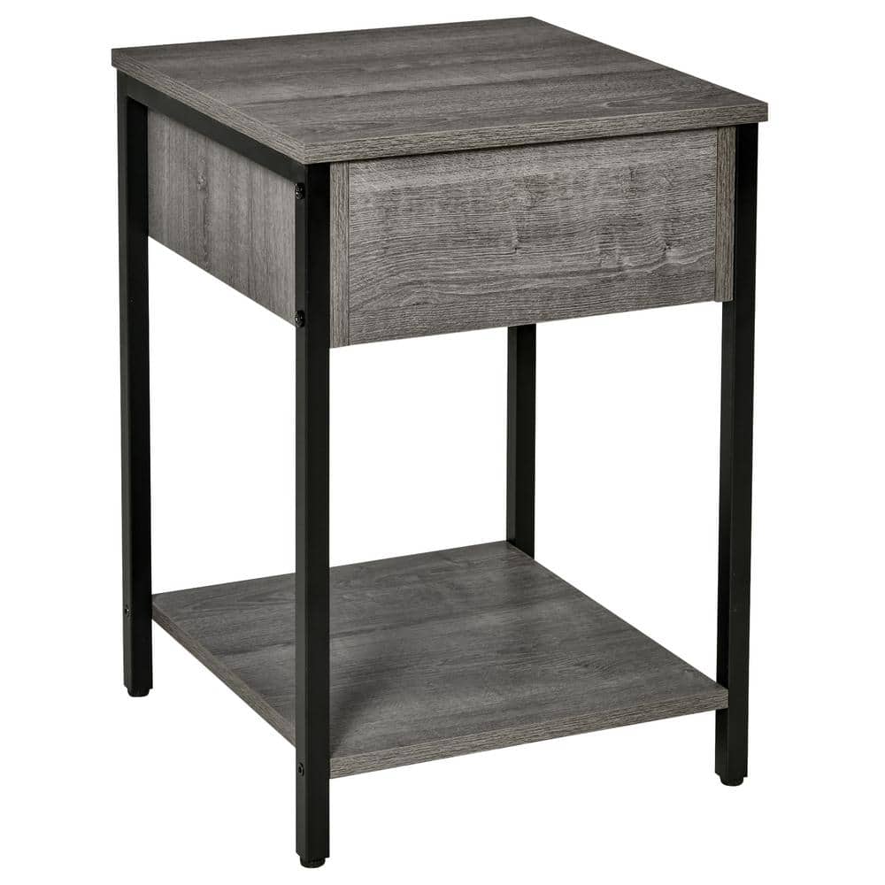 Gray Wood and Black Steel Square End Table with Storage