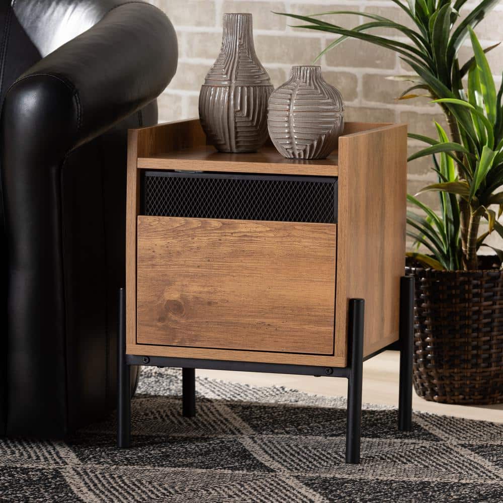 Tasman Natural Brown Wood and Black Metal End Table with Storage