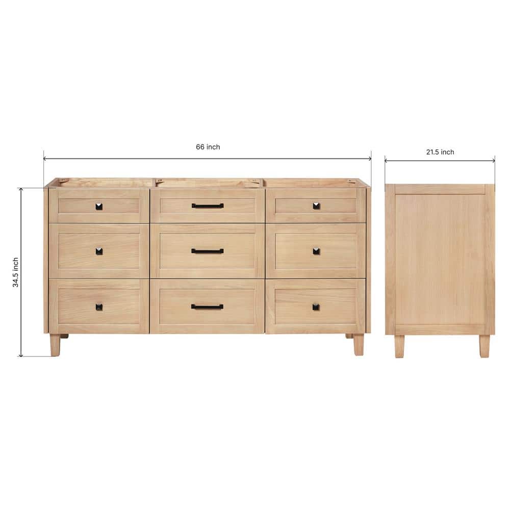 Monroe 66" Light Oak Freestanding Vanity Cabinet with Black Hardware