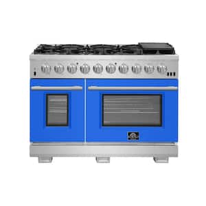 Capriasca 48 in. 8 Burner Double Oven Dual Fuel Range with Gas Stove and Electric Oven in Stainless Steel with Blue Door