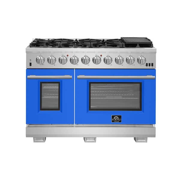 Capriasca 48 in. 8-Burner Double Oven Gas Range in Stainless Steel with Blue Door