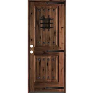 30 in. x 80 in. Mediterranean Knotty Alder Sq. Top Red Mahogony Stain Right-Hand Inswing Wood Single Prehung Front Door