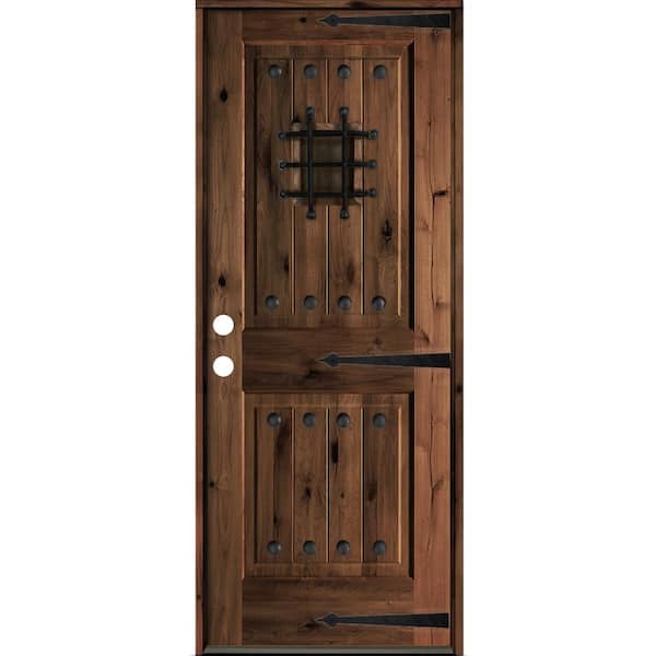 Krosswood Doors 30 in. x 80 in. Mediterranean Knotty Alder Sq. Top Red Mahogony Stain Right-Hand Inswing Wood Single Prehung Front Door