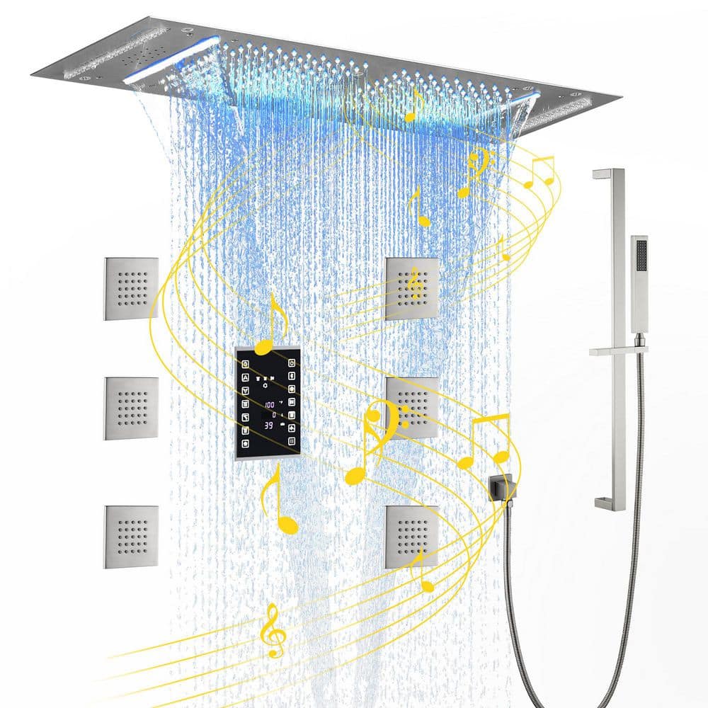 CASAINC 6-Spray Ceiling Mount Handheld Shower Head LED and Music Shower ...