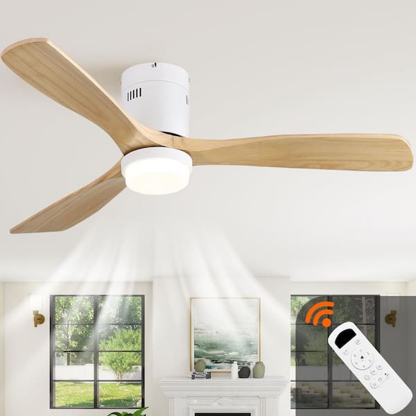 Gloweer Wooden Series 52 in. Smart Indoor Brown Low Profile 3-Blade Ceiling Fan with 18W LED Light and Remote, Flush Mount