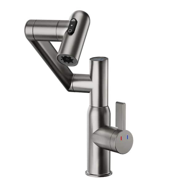 Single Handle Single Hole Temperature Display Bathroom Faucet with Swivel Spout Brass Vanity Basin Taps in Gray