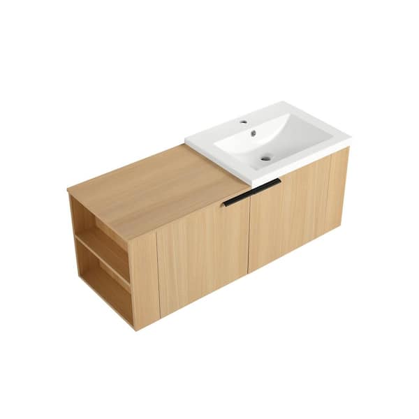 TCYO 47 in. Single Sink Wall-Mounted Oak Bath Vanity with White Cultured Marble Top Unassembled