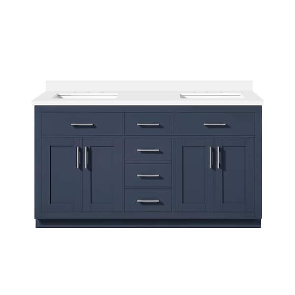 Bailey 60 in. Double Sink Freestanding Midnight Blue Bath Vanity with White Quartz Top and Power Bar