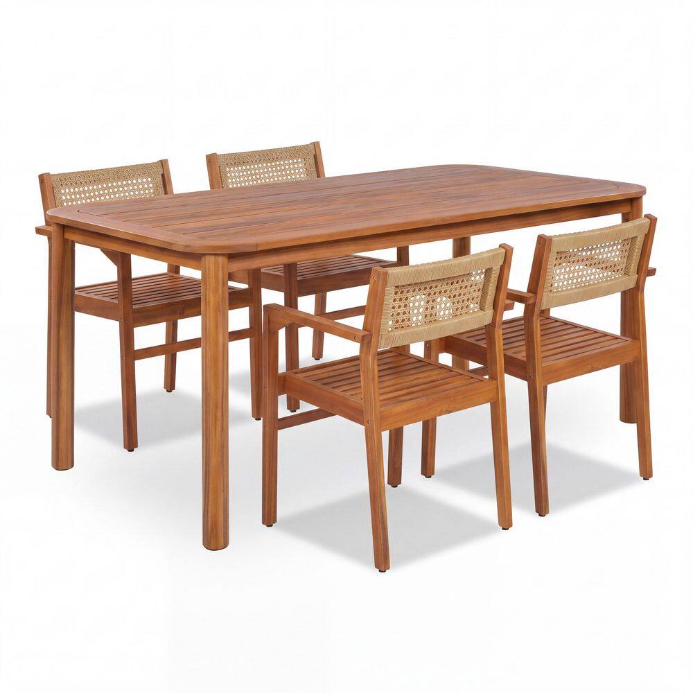 5-Piece Teak Finish Acacia Wood Patio Outdoor Dining Set with Wicker Back Dining Chairs price history on PriceWatchPro