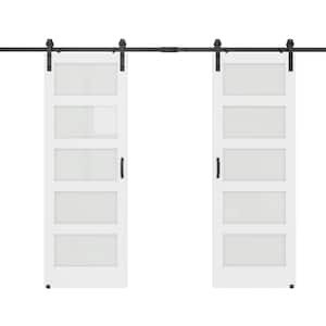 60 in. x 84 in. 5 Equal Lites with Frosted Glass White MDF Interior Sliding Barn Door with Hardware Kit