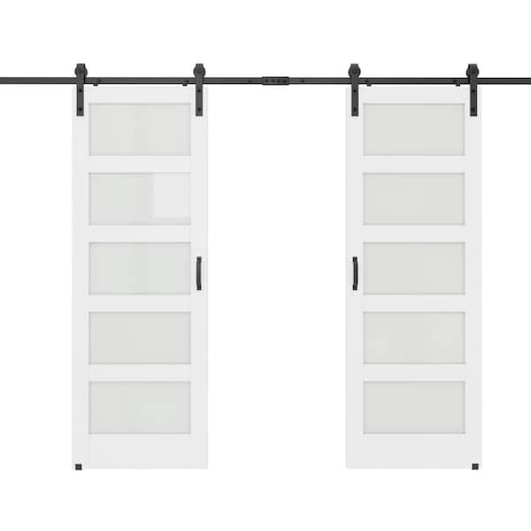 ARK DESIGN 60 in. x 84 in. 5 Equal Lites with Frosted Glass White MDF Interior Sliding Barn Door with Hardware Kit