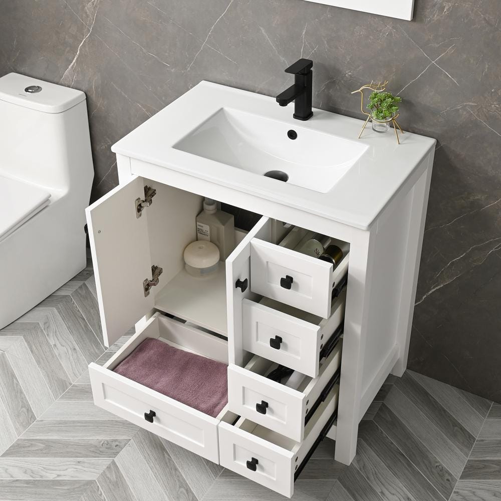 White 30" Freestanding Bathroom Vanity with Ceramic Sink and Mirror