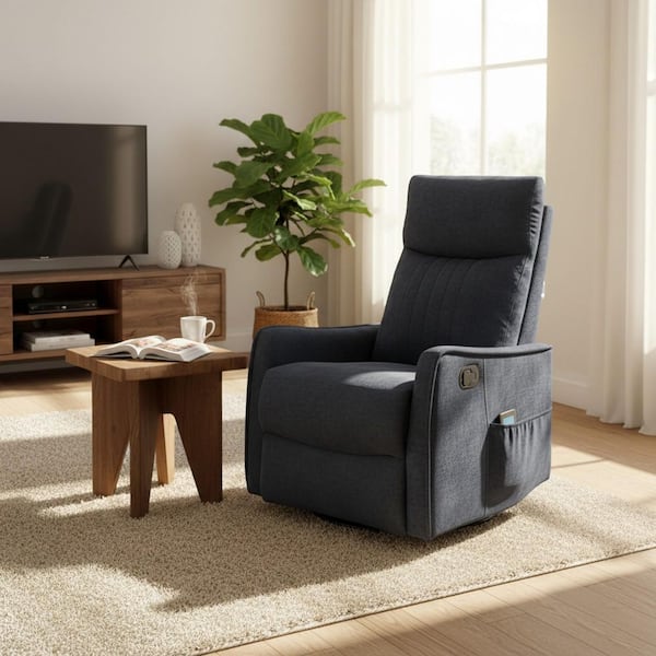 Blue Chenille Rocker Swivel Recliner Chair with Heat Massage, for Living Room