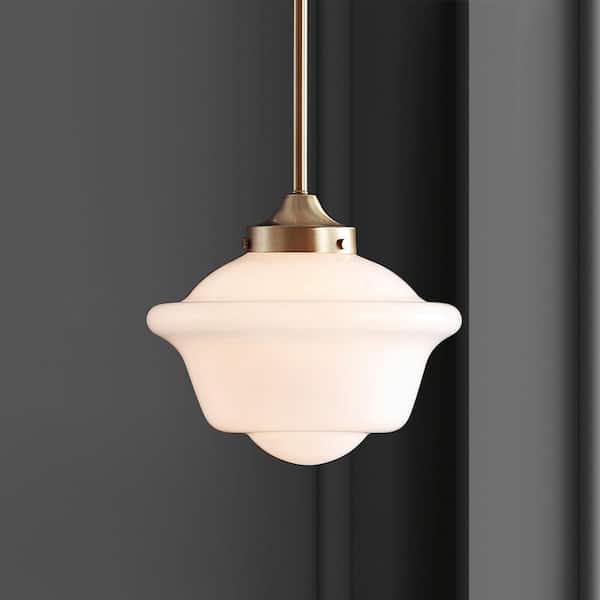 JONATHAN Y Kurtz 9.5 in. 1-Light Brass Gold/White LED Pendant with Adjustable Drop Metal/Glass