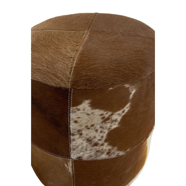 16 in. Brown Handmade Leather Stool with Patchwork Pattern