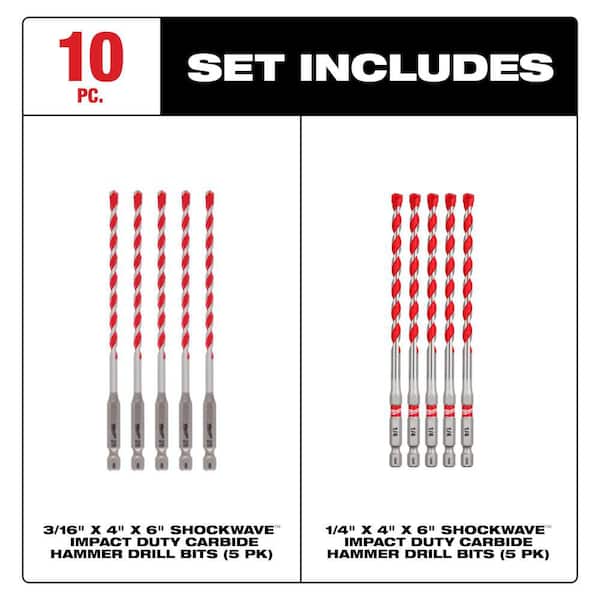 (10 Pack) SHOCKWAVE Carbide Hammer Drill Bits (5) 3/16 in., and (5) 1/4 in.