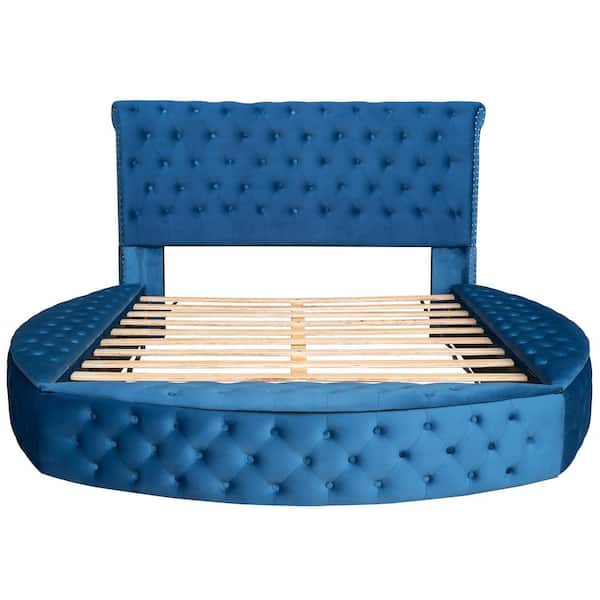 Angel Sar 99.20 in W Blue Wood Frame Velvet Tufted Queen Size Platform Bed with Storage Space on Both Sides and Footboard