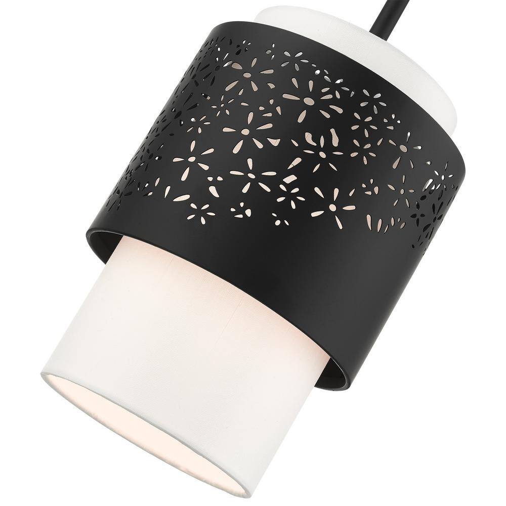 Noria Black Steel Drum Pendant with Off-White Fabric Shade