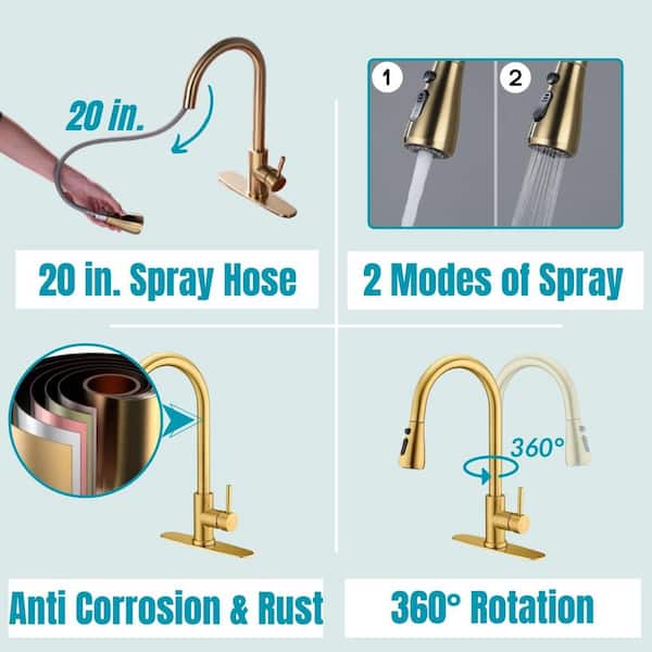 Single-Handle Pull Down Sprayer Kitchen Faucet with 2 Modes Spray, Pull Out Spray Wand in Brushed Gold