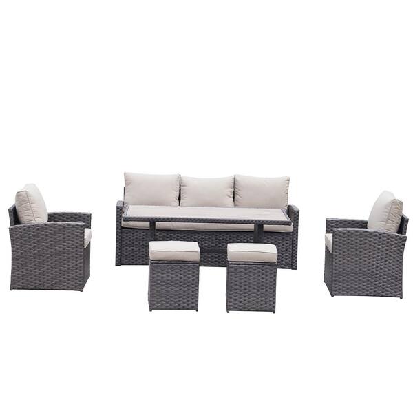SUNRINX 6-Piece Wicker Patio Conversation Set with Cushions (Dark Brown Rattan+Beige Cushion)