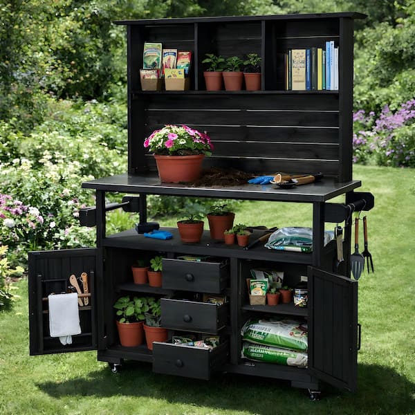 Black Wood 65 in. H 3-in-1 Garden Potting Bench Kitchen Island