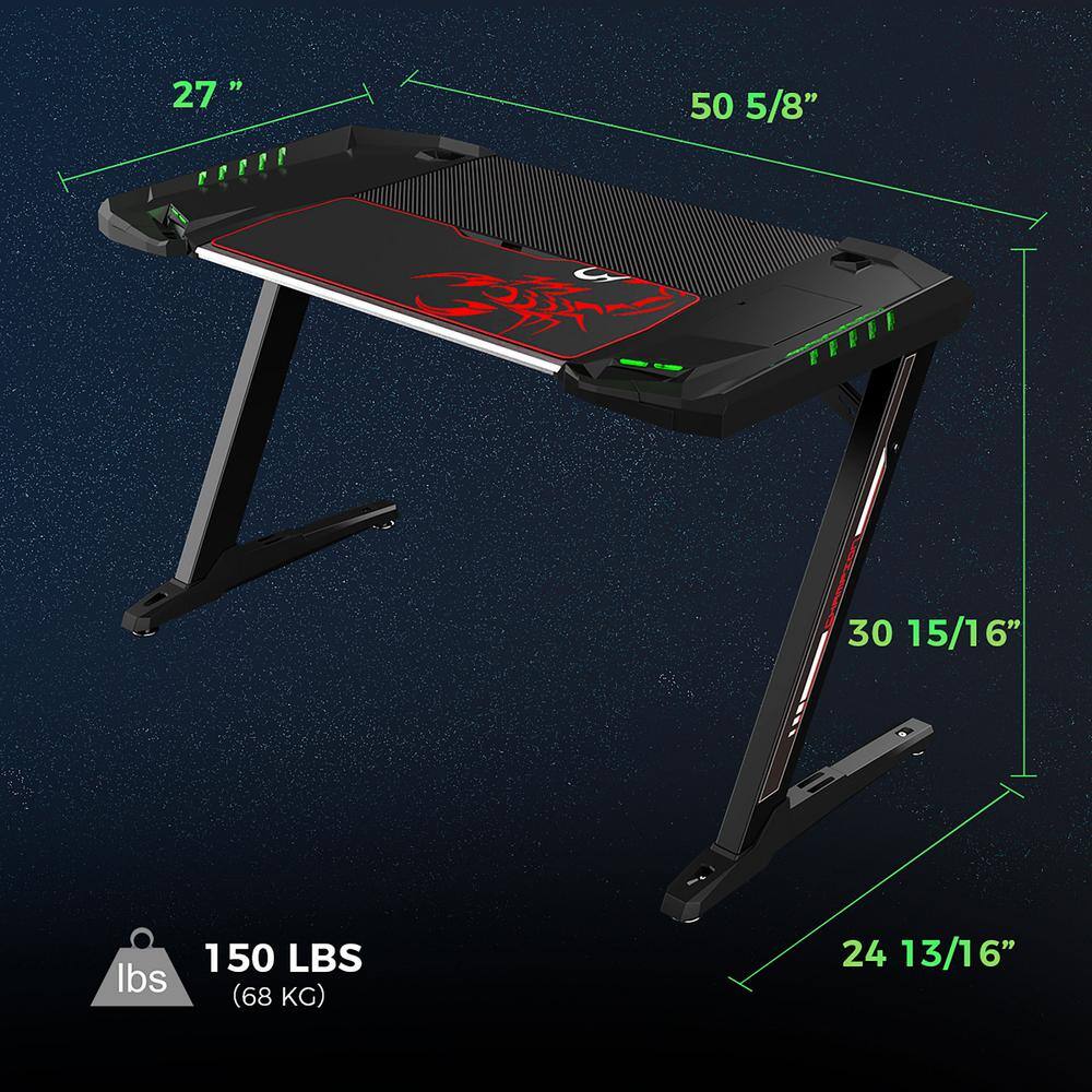 Z-Framed 51" Black Gaming Desk with RGB Lighting and Power Outlets