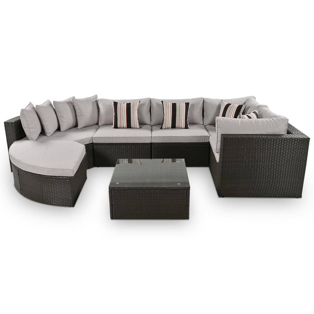 7-Pieces Brown Wicker Patio Conversation Set, Outdoor Sofa Lounger, With Co
