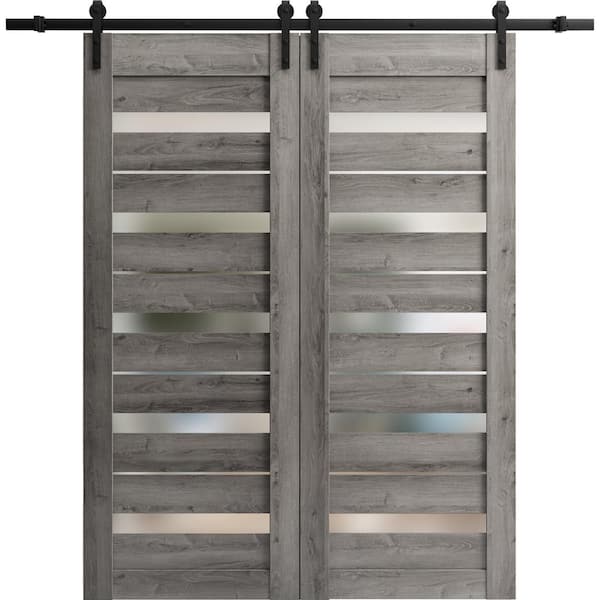 Assemble Required 18 in. x 84 in. 2 Panel Frosted Glass Nebraska Grey Solid Wood Sliding Barn Door with Hardware Kit
