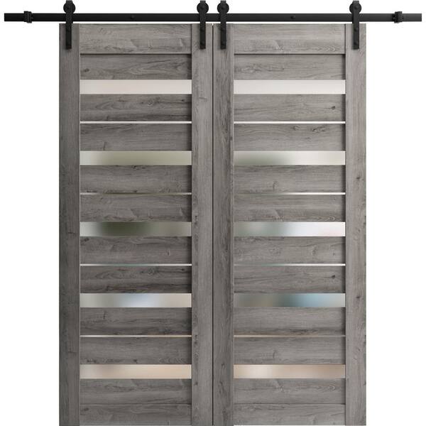 Sartodoors 32 in. x 84 in. 2 Panel Frosted Glass Nebraska Grey Solid MDF Sliding Barn Door with Hardware Kit
