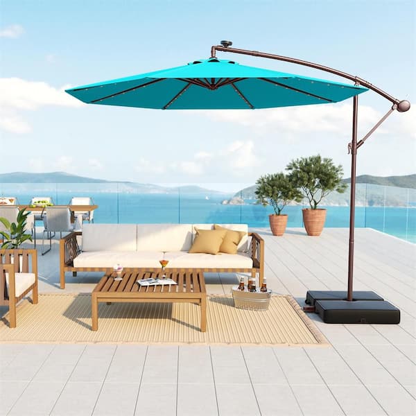 10 ft. Steel Hanging Offset Umbrella 32 LED Lights Sand Bag Cantilever Patio Umbrella in Turquoise