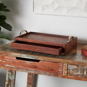 Brown Wood Hidden Drawer Decorative Tray with Black Metal Handles